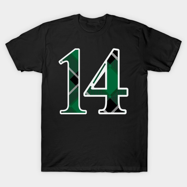 14 Sports Jersey Number Green Black Flannel T-Shirt by Design_Lawrence